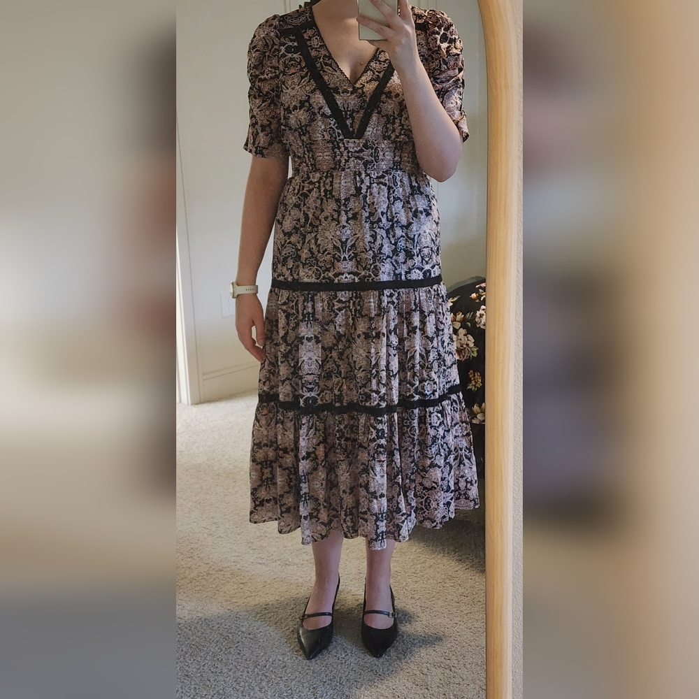 BB Dakota By Steve Madden, Black and Pink Floral Paisley Midi Dress - Picture 2 of 5